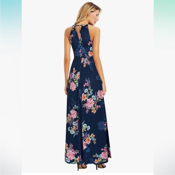 Navy Floral Halter Maxi Dress with Pockets - Picture 4 of 8